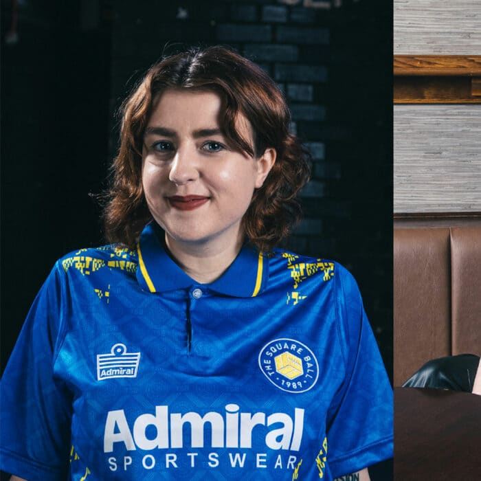 DJ Emily Pilbeam photographed in our TSB x Admiral retro away kit by Lee Brown for the TSB Summer Special 2023