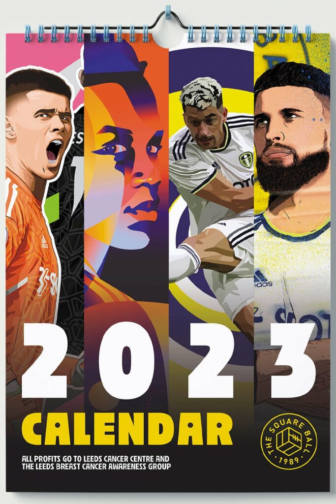 The cover of our TSB 2023 charity calendar, showing artwork featuring Illan Meslier, Luis Sinisterra, Marc Roca and Mateusz Klich