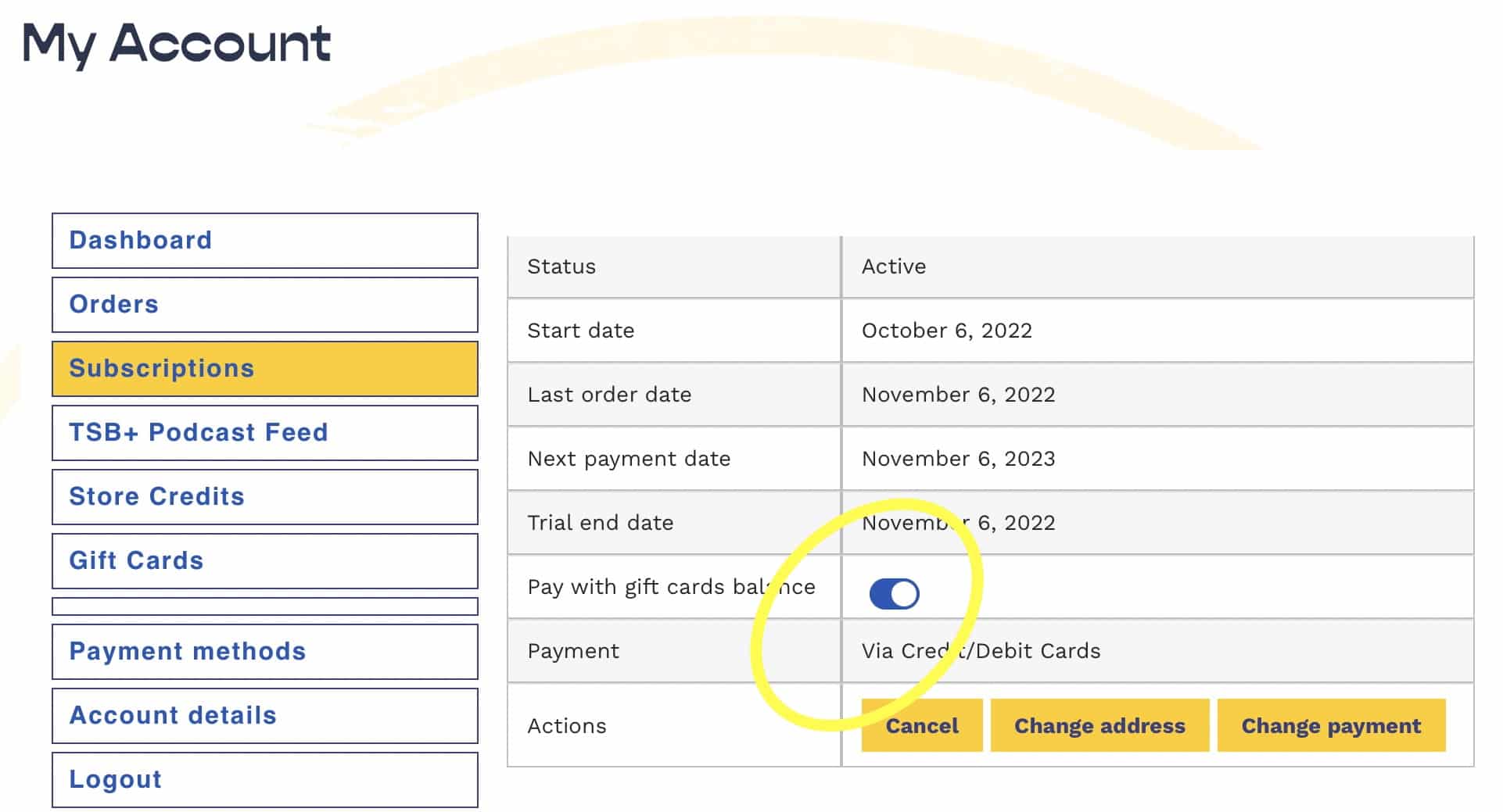 An image showing how to set the toggle for TSB+ Gift Cards