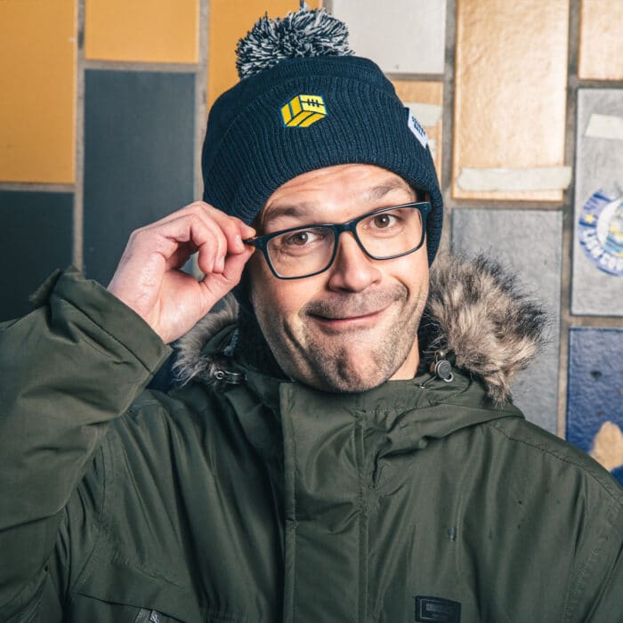 Our Michael in the Lowfields tunnel, wearing a TSB icon bubble hat and being funny with his specs