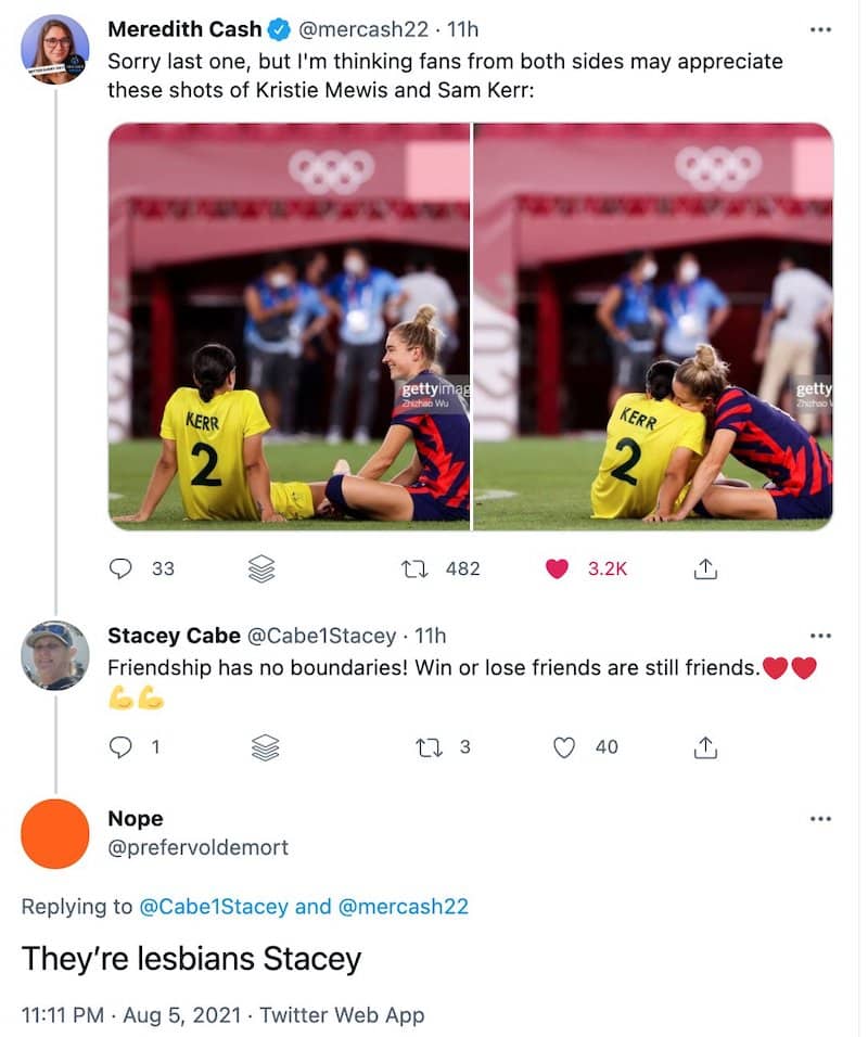 A series of tweets, including someone commenting on how nice it is that Kristie Mewis and Sam Kerr are 'still friends' and receiving the reply: 'They're lesbians Stacey'