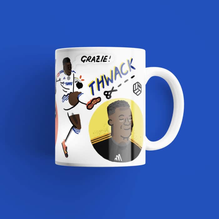 A picture of TSB's Willy Gnonto mug, featuring artwork by Arley Byrne