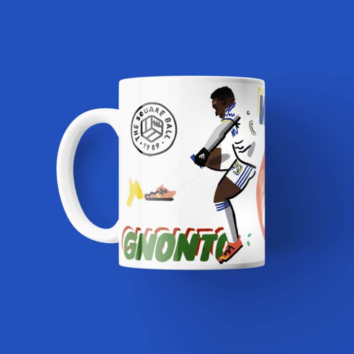 A picture of TSB's Willy Gnonto mug, featuring artwork by Arley Byrne