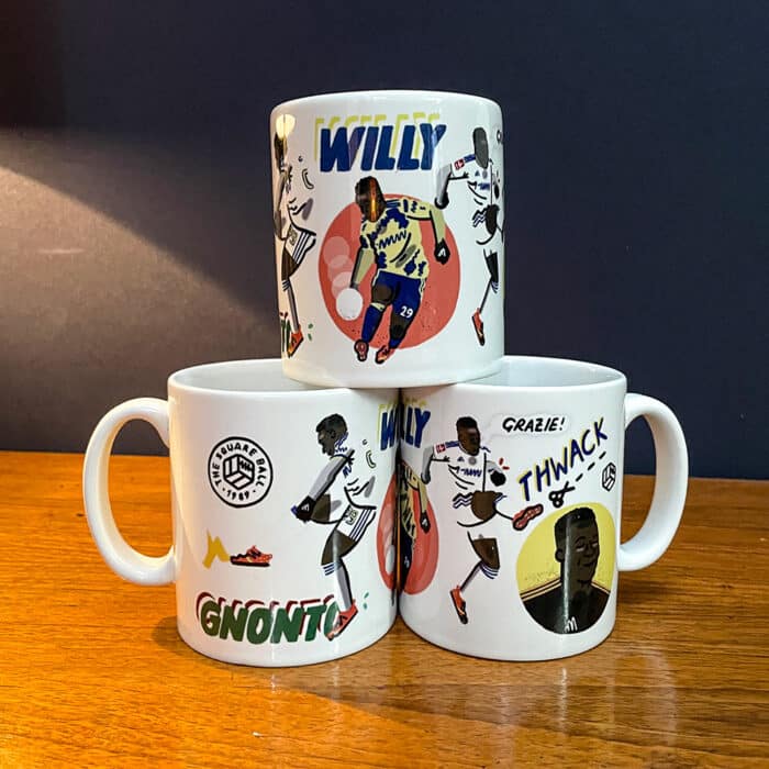A photo of three of TSB's Willy Gnonto mugs, featuring artwork by Arley Byrne
