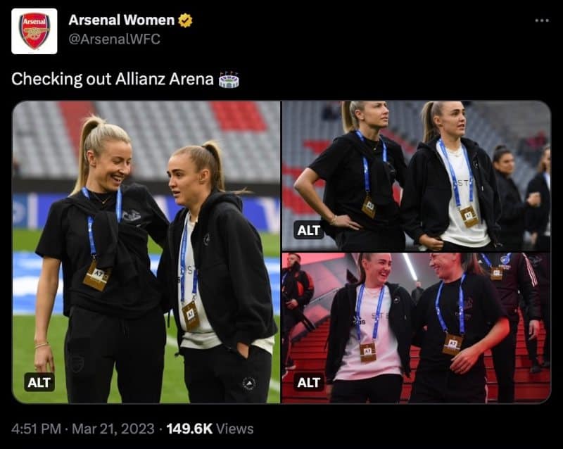 Screenshot of an Arsenal WFC tweet showing intra-Lioness mingling before the game