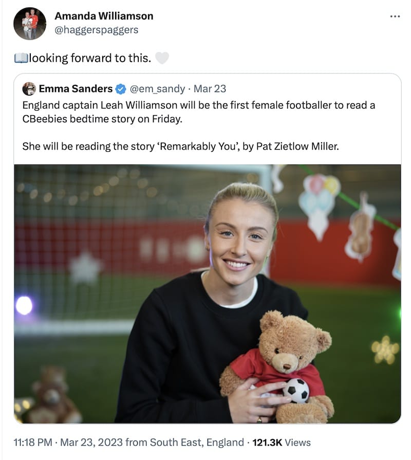 A tweet from Leah Williamson's mum about how much she's looking forward to her daughter — the England captain — reading bedtime stories on CBeebies