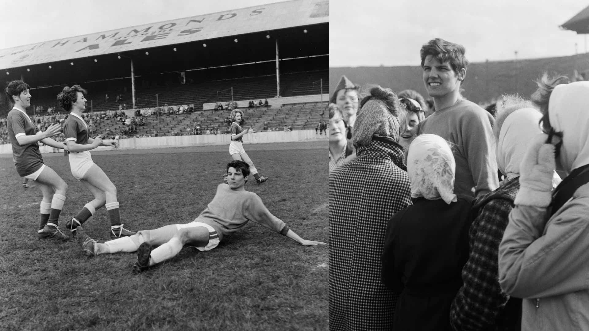 Photos of three Leeds Ladies players scoring past pop star Jess Conrad in 1961, and Jess being mobbed by fans