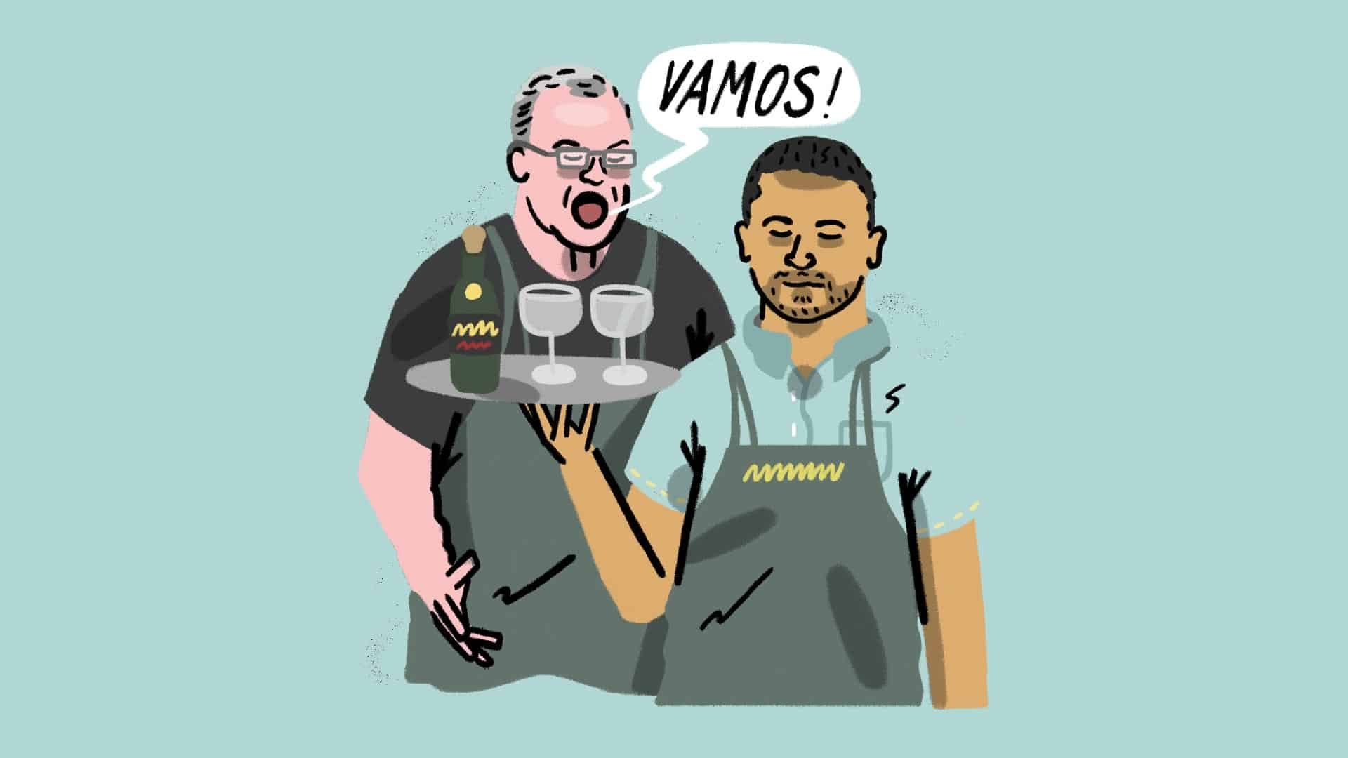 An illustration of Andres Clavijo waiting tables, carrying a tray of drinks, with Marcelo Bielsa behind his shoulder and a speech bubble of him shouting 'VAMOS!'
