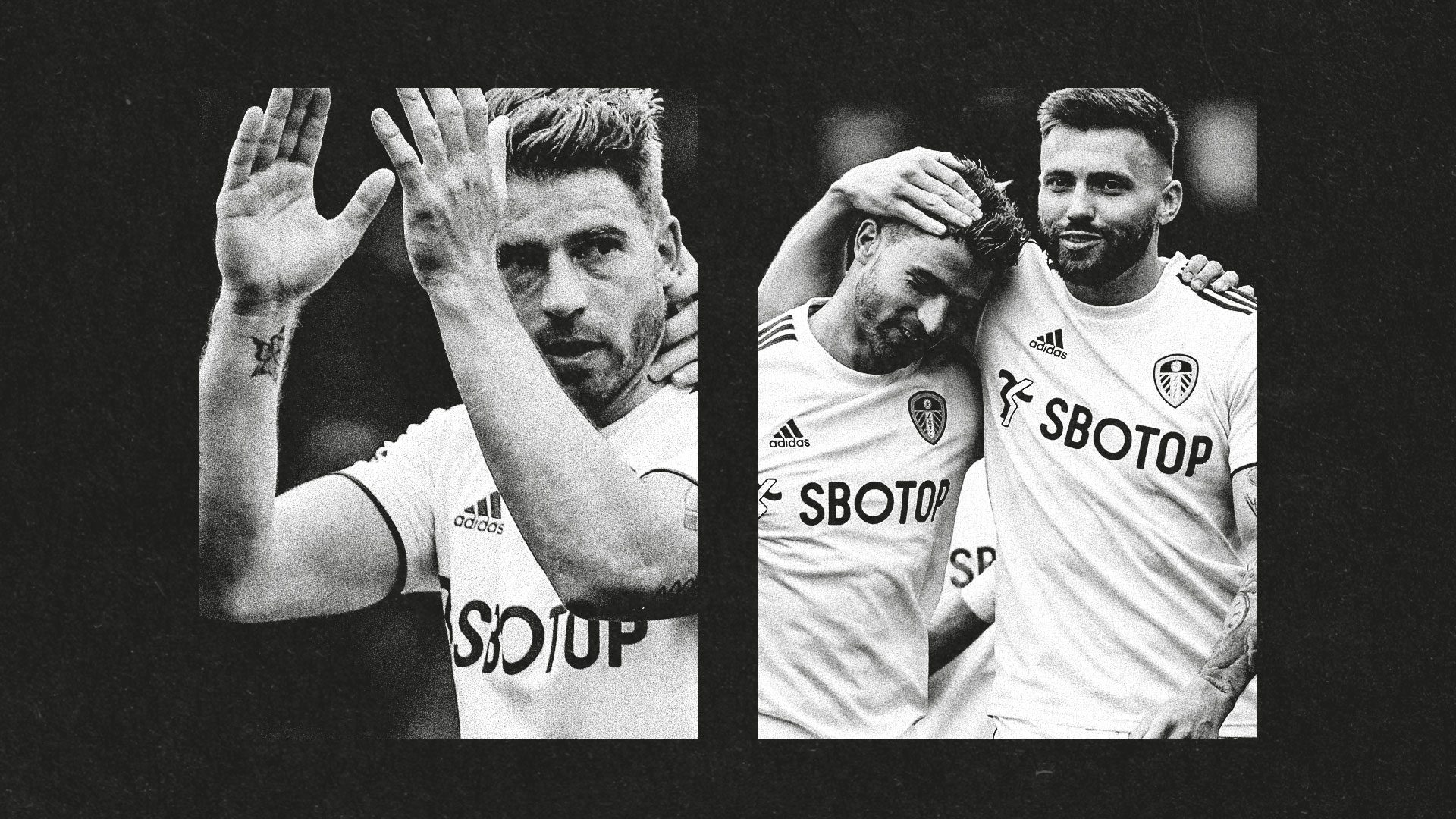 Two black and white photos of Gaetano Berardi side by side: applauding the Leeds fans, and having a little cuddle with Stuart Dallas
