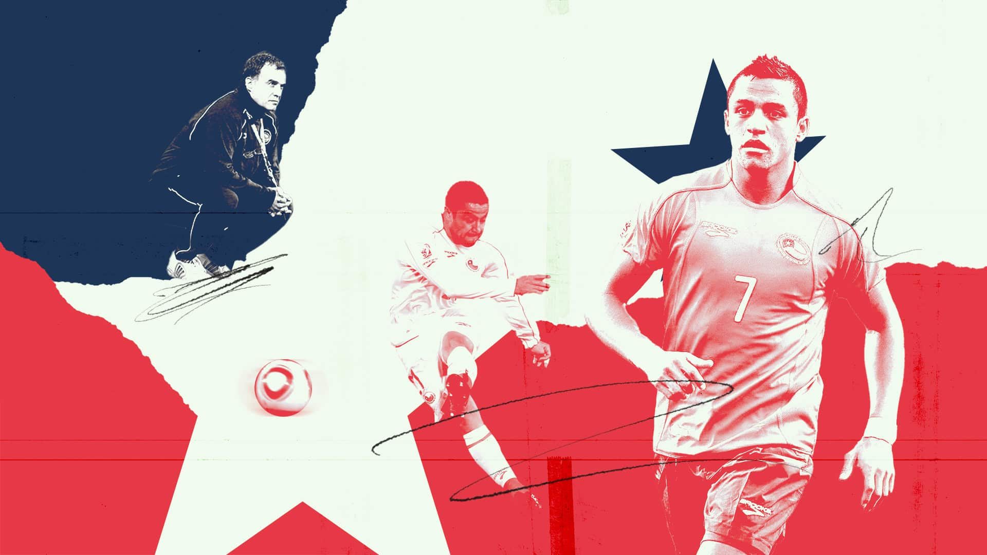 Bielsa-Chile-1 A graphic showing the flag of Chile with Bielsa and players