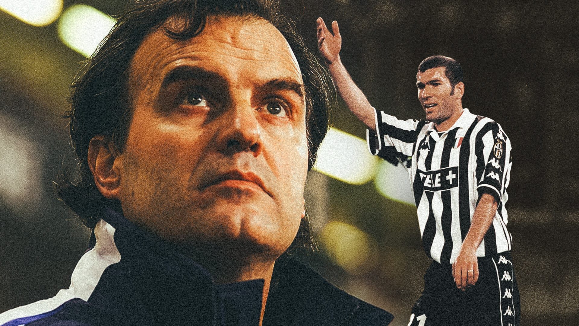 A collage of a younger Marcelo Bielsa intently watching a match and Zinedine Zidane moaning about something while playing for Juventus