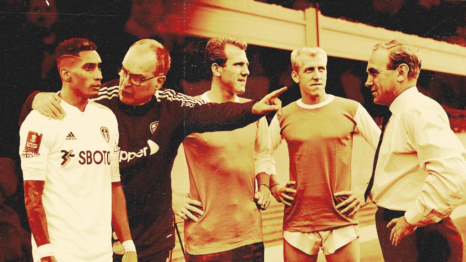 A collage of Marcelo Bielsa giving instructions now, and Billy Wright doing it then (the 1960s)