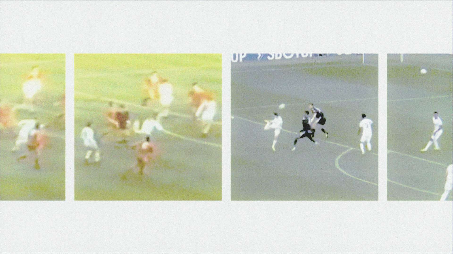 Four stills from two videos side by side — Billy Bremner backheeling the ball over the defence in 1972, and Brenden Aaronson trying the same fifty years later