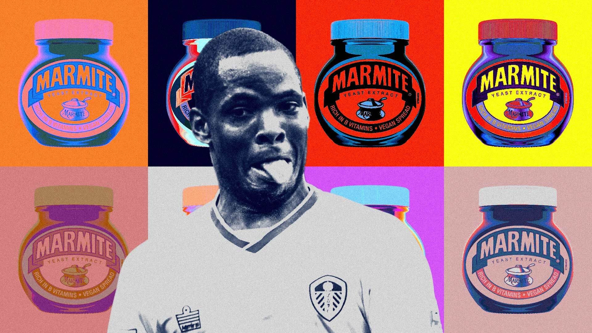 A black and white photo of Seb Carole playing for Leeds, sticking his tongue out and pulling a silly face, set against a backdrop of eight jars of multicoloured Marmite, like a pop art Campbell Soup Cans by Andy Warhol