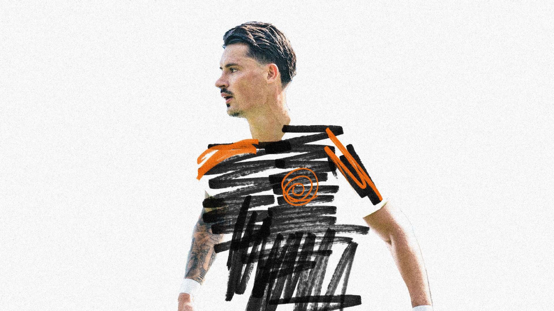 An image of Robin Koch with black and orange scribbles over the Leeds kit, like Radz' son's design for the third kit that got sent to Adidas