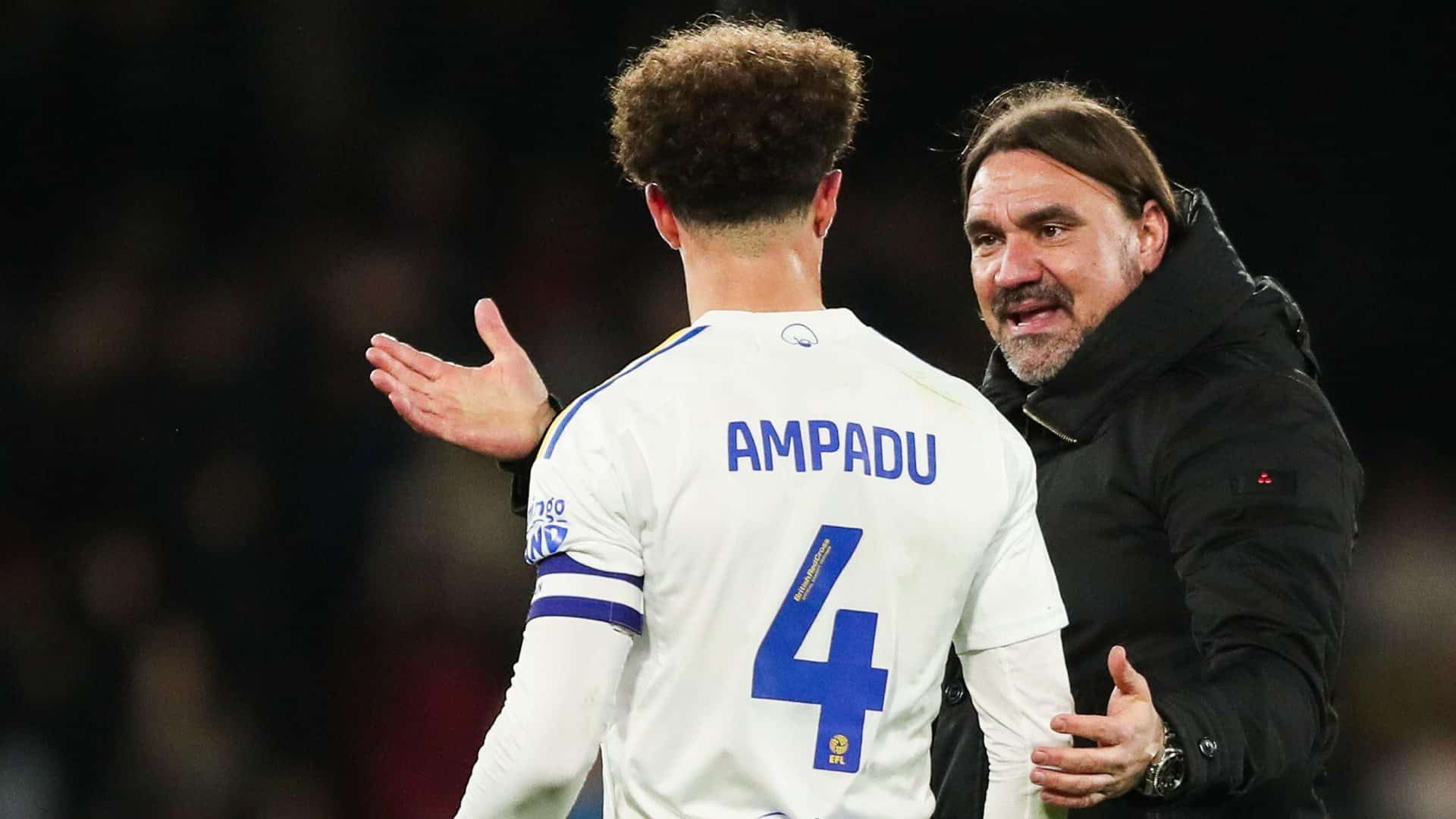 Daniel Farke explaining things to Ethan Ampadu at the end of Leeds' game at Watford