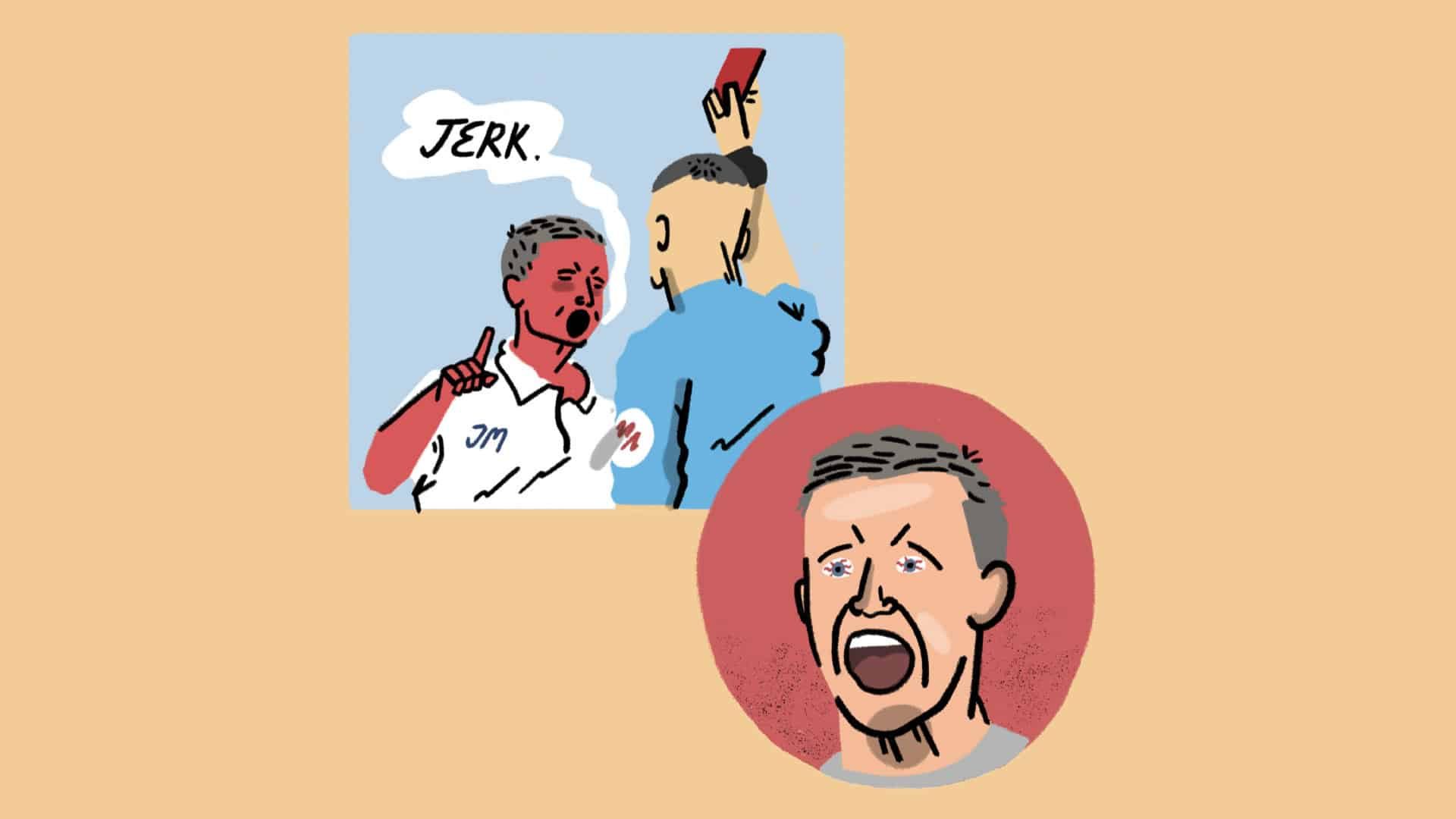 An illustration of Jesse Marsch, red in the face, being given a red card by a referee. There is a speech bubble with Jesse shouting 'JERK'