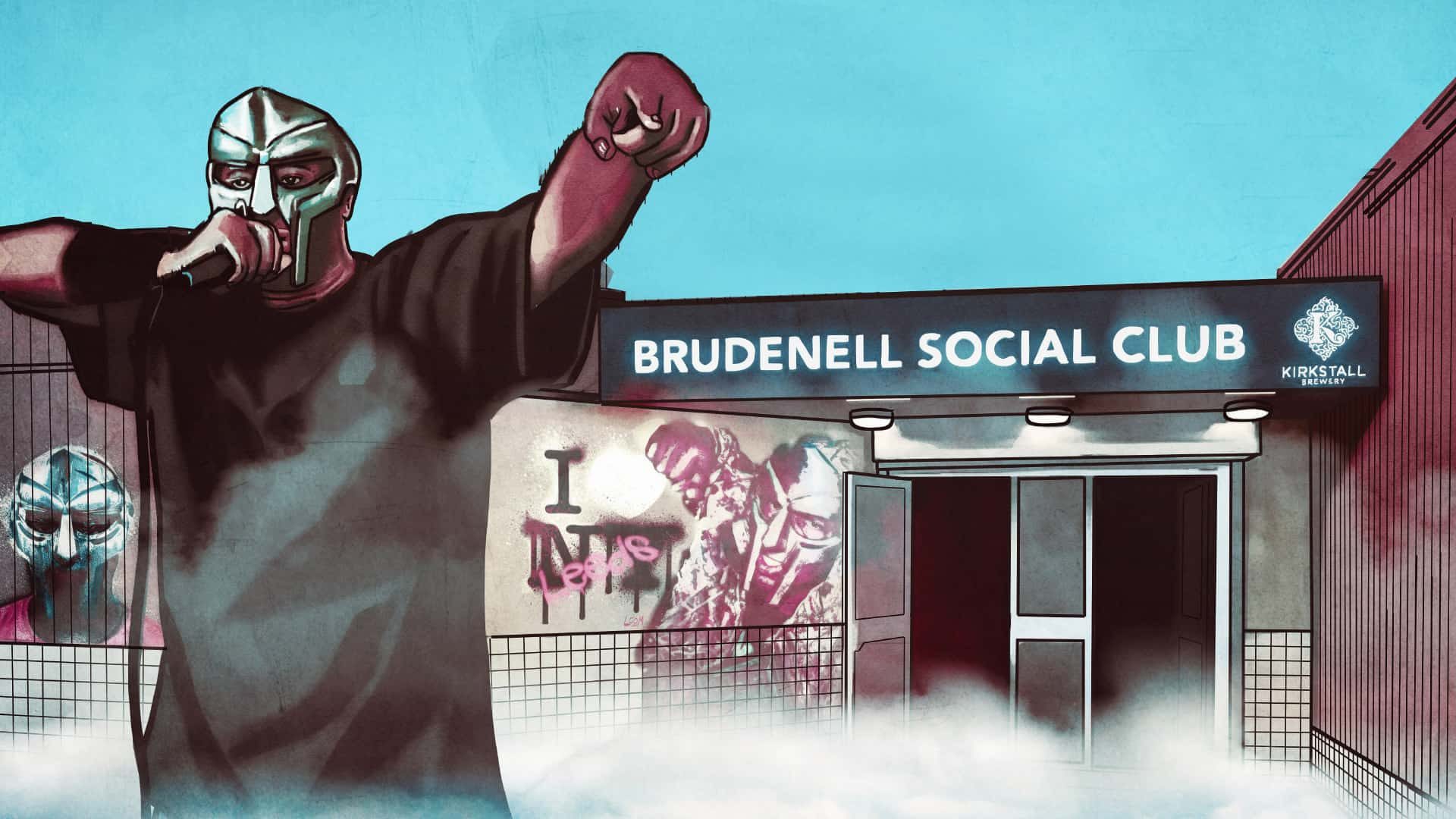 An illustration of MF DOOM standing outside his (rumoured) local in Leeds, the Brudenell Social Club