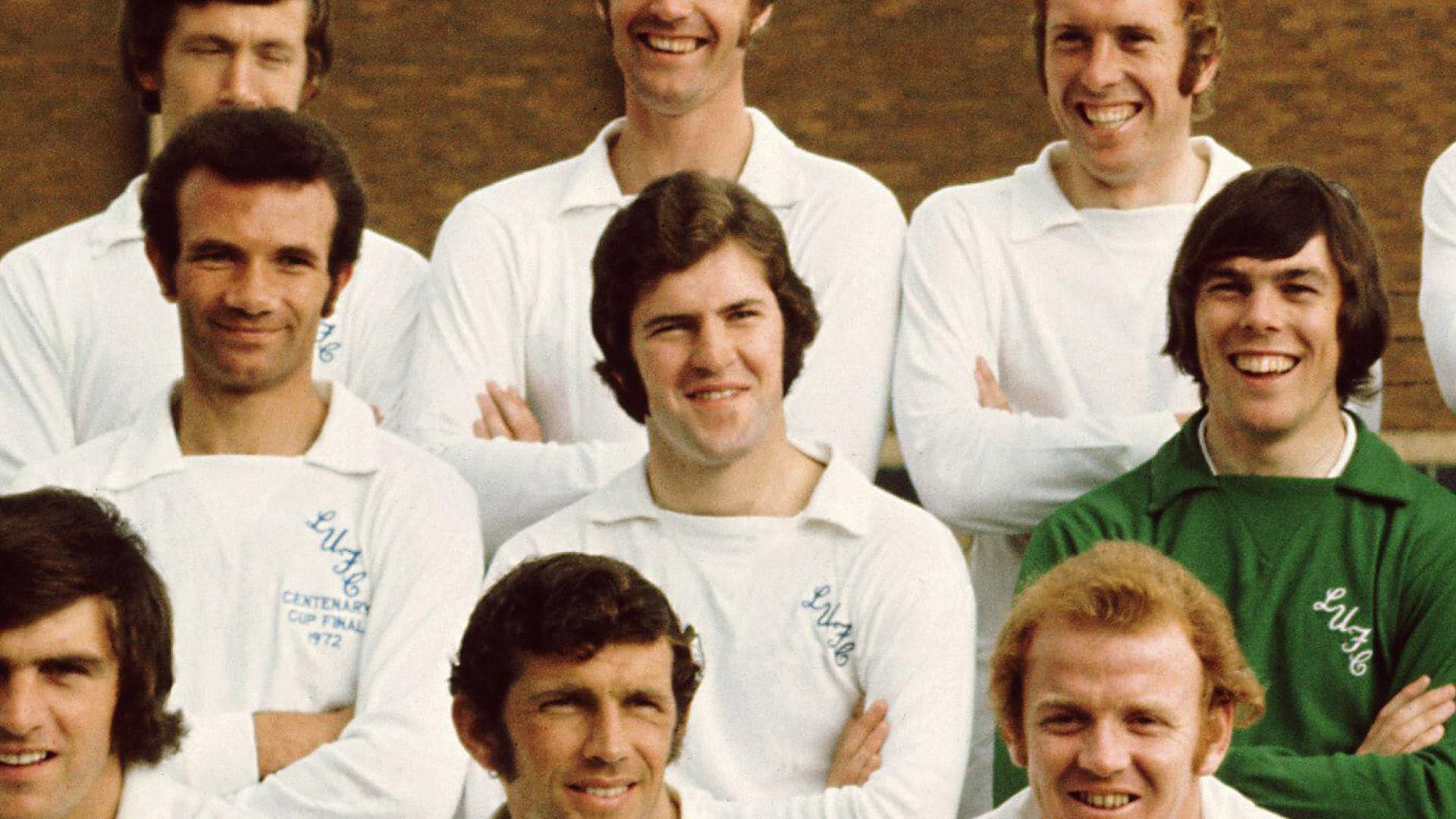 Chris Galvin, smirking towards the camera while standing between Paul Reaney and David Harvey in Leeds' 1972/73 squad photo