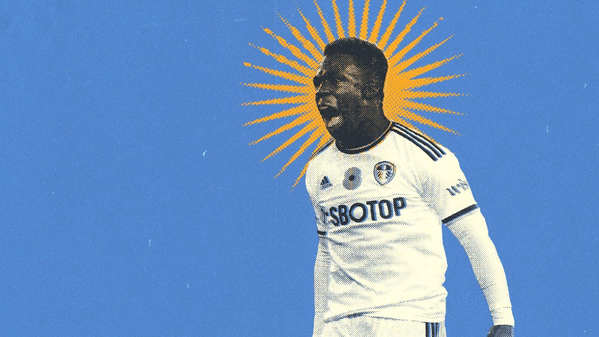 Willy Gnonto celebrating, with the sun radiating from behind his head, against a blue backdrop