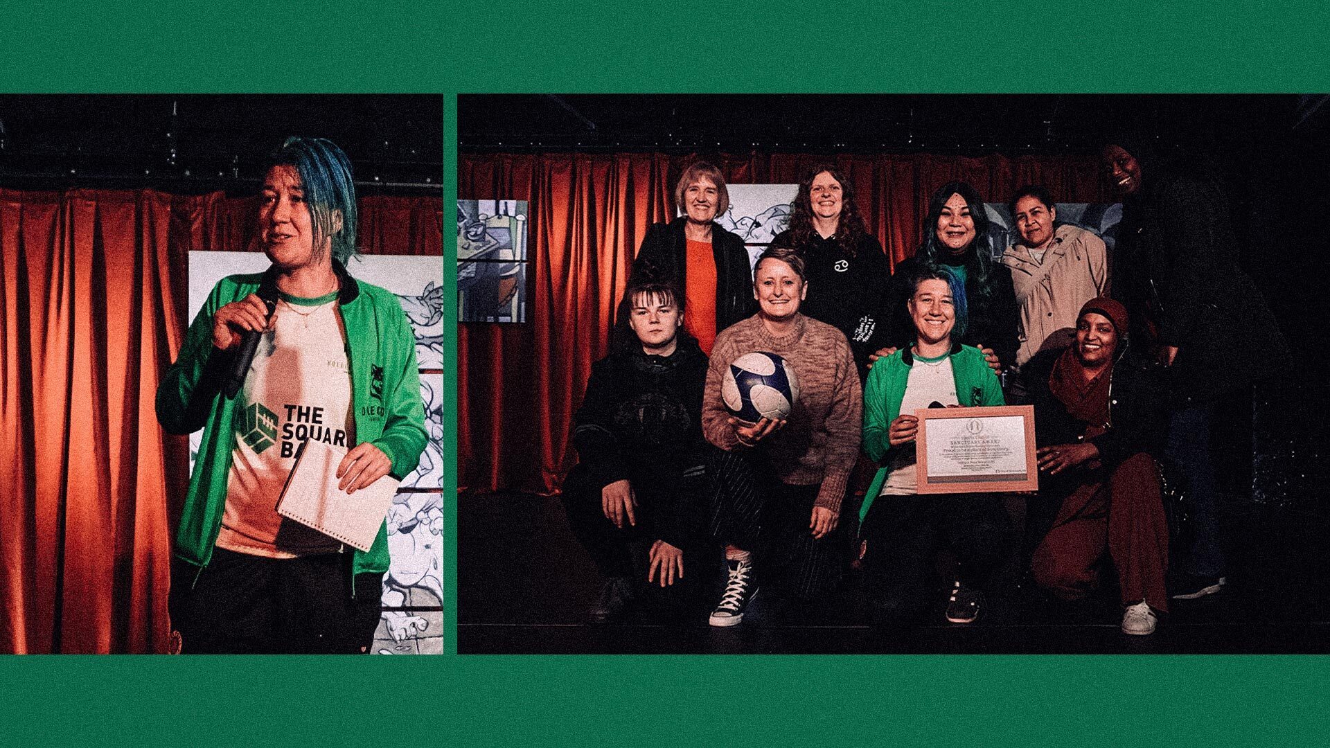 Two photos of the Holbeck Moor Women's team being presented with their Club of Sanctuary award. Coach Claire Blue is wearing their white home shirt, sponsored by The Square Ball