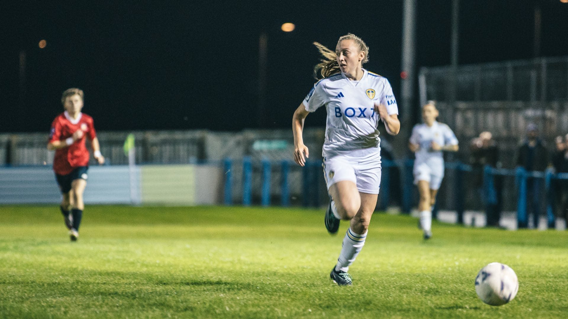 Jess Rousseau running down the wing for Leeds United Women, earlier in the season against FCUM