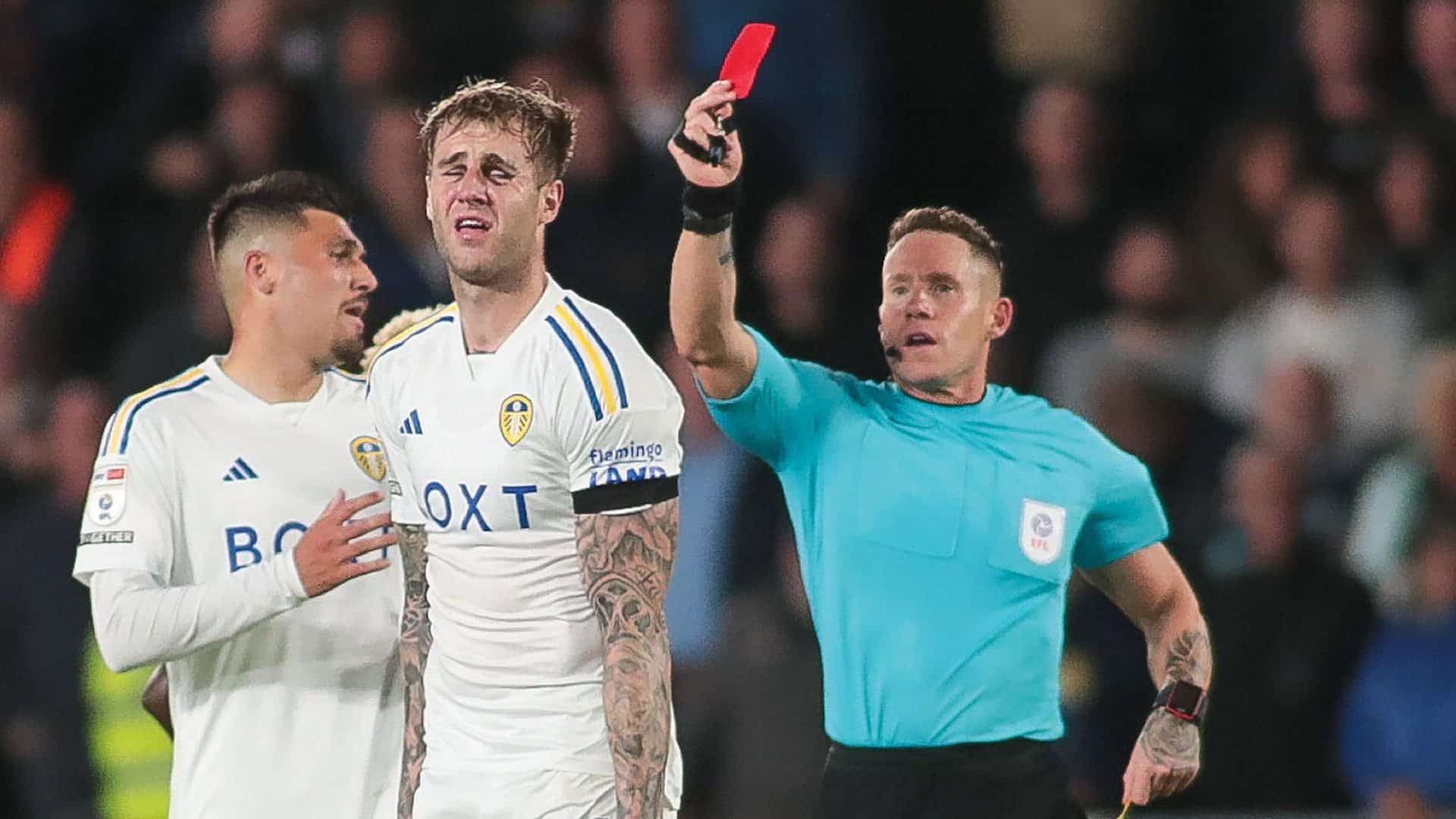 Joe Rodon, already suffering with a couple of black eyes, looks anguished as he's sent off by some jumped up bodybuilder at Hull