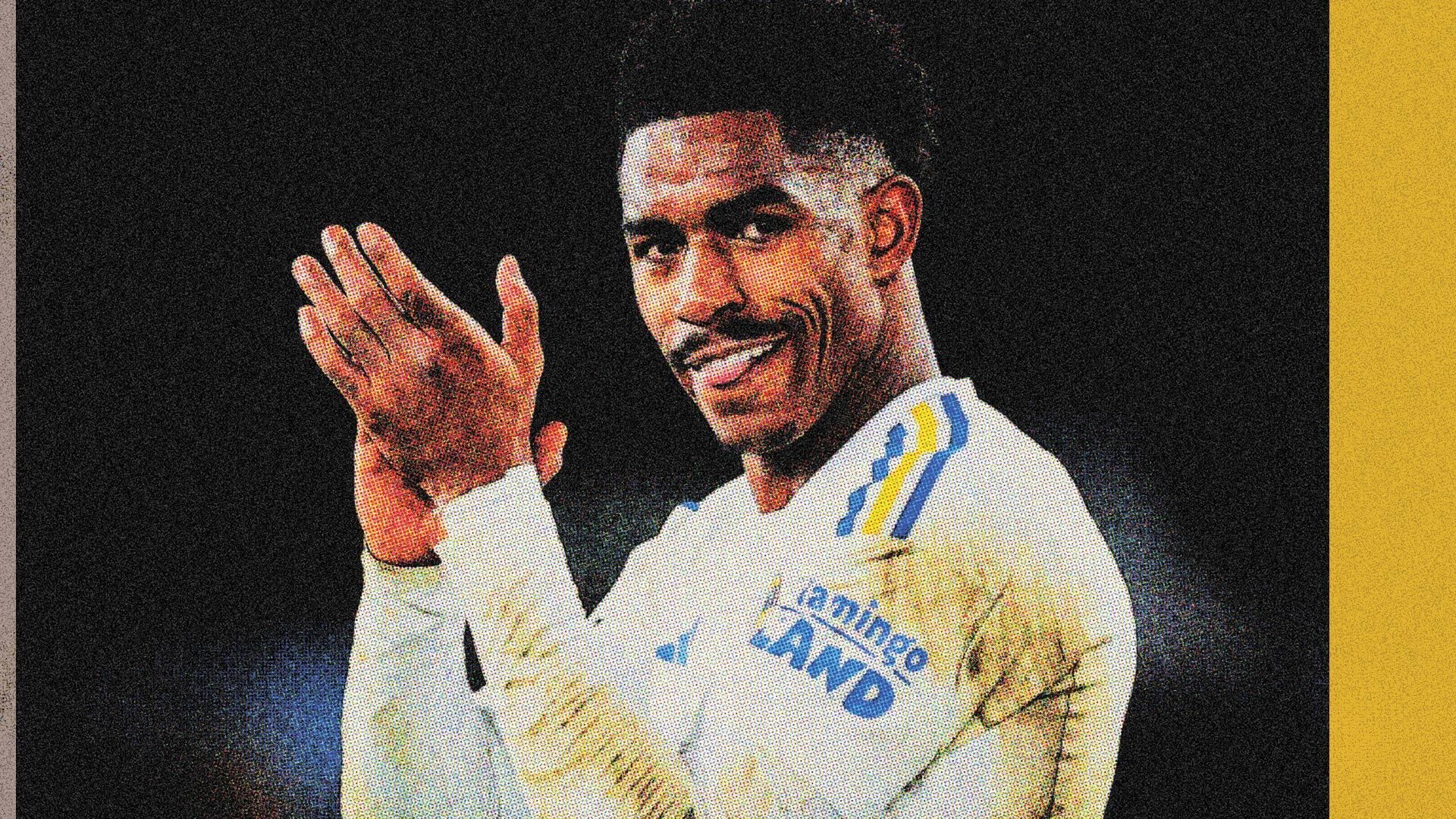 A stylised image of Junior Firpo clapping the fans, with a little bit of tongue sticking out