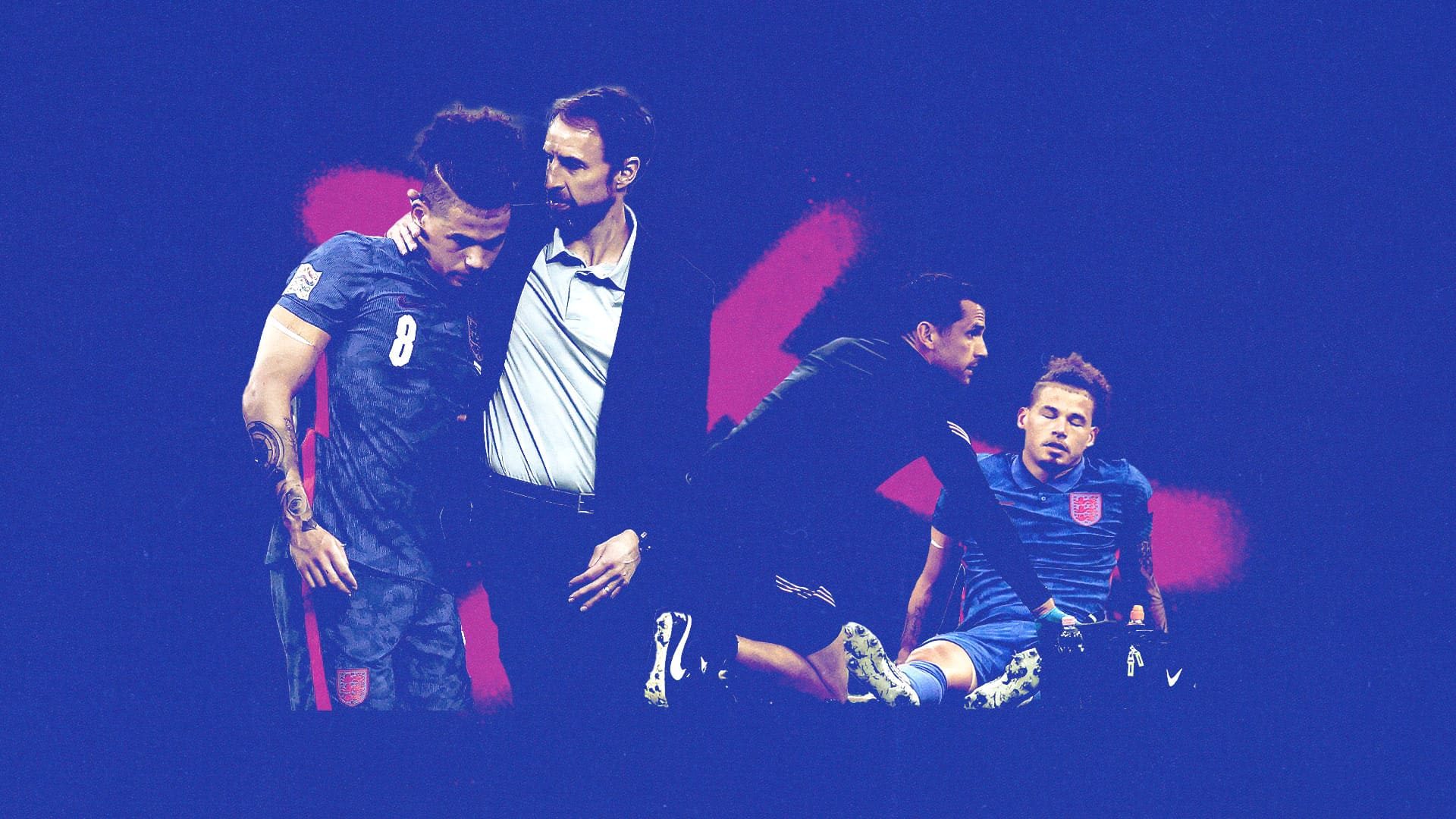 A collage of Gareth Southgate with his arm around our Kalvin, next to our Kalvin getting treatment during England vs Germany