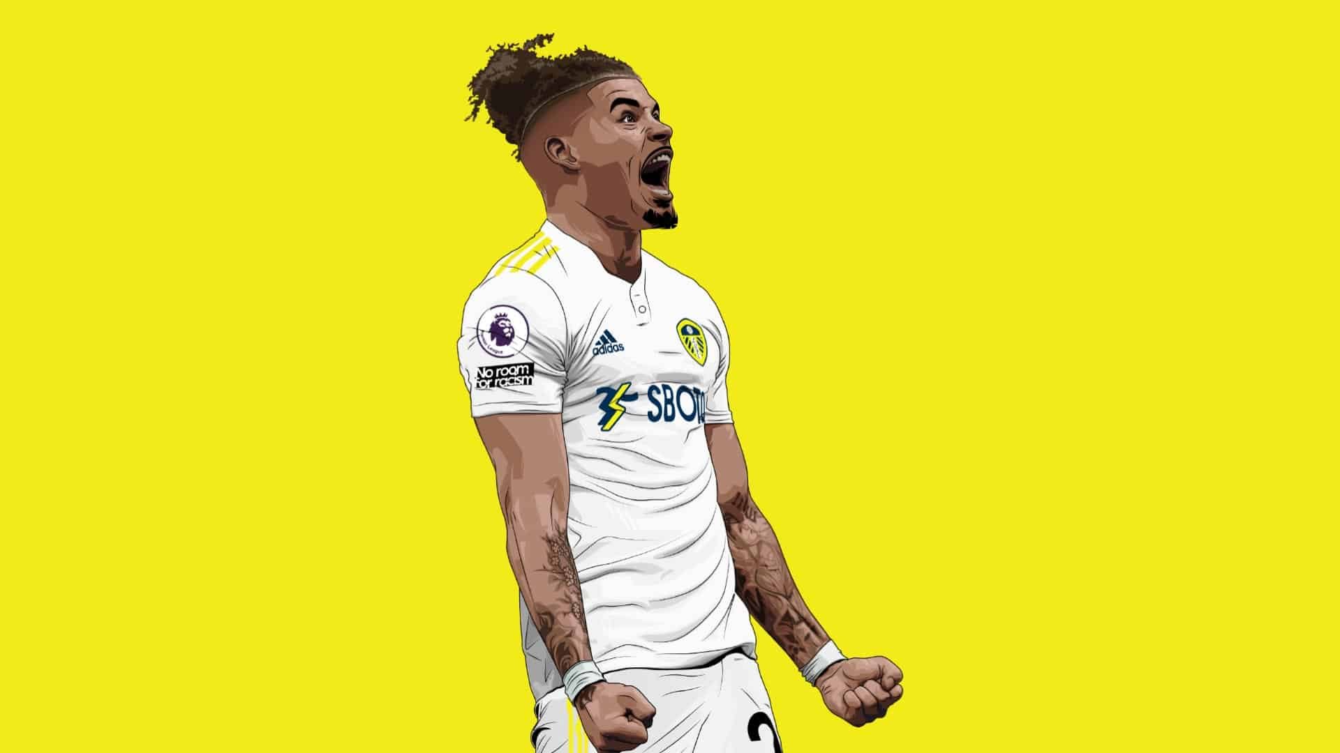 An illustration of Kalvin Phillips celebrating wildly against a yellow background — buy that, Scum!