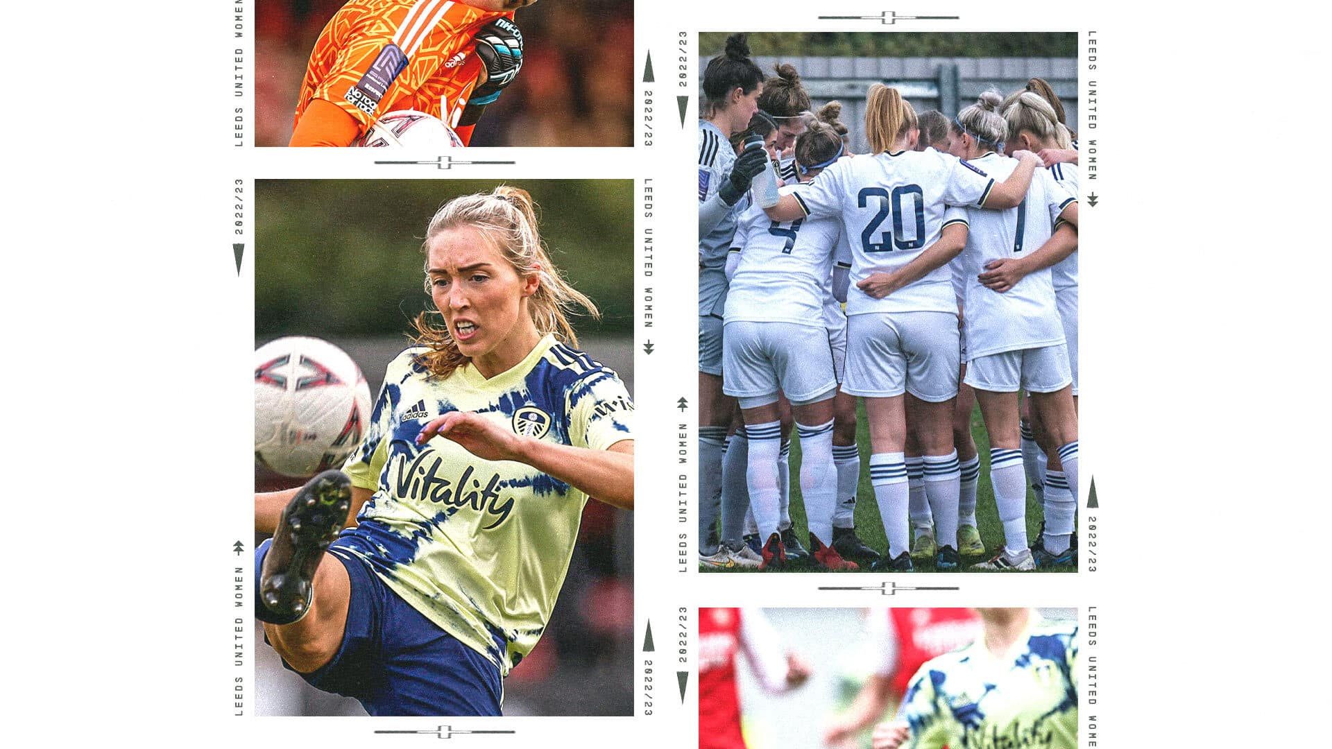 A graphic showing various photos of Leeds United Women players, including Cath Hamill, Carrie Simpson and a team huddle