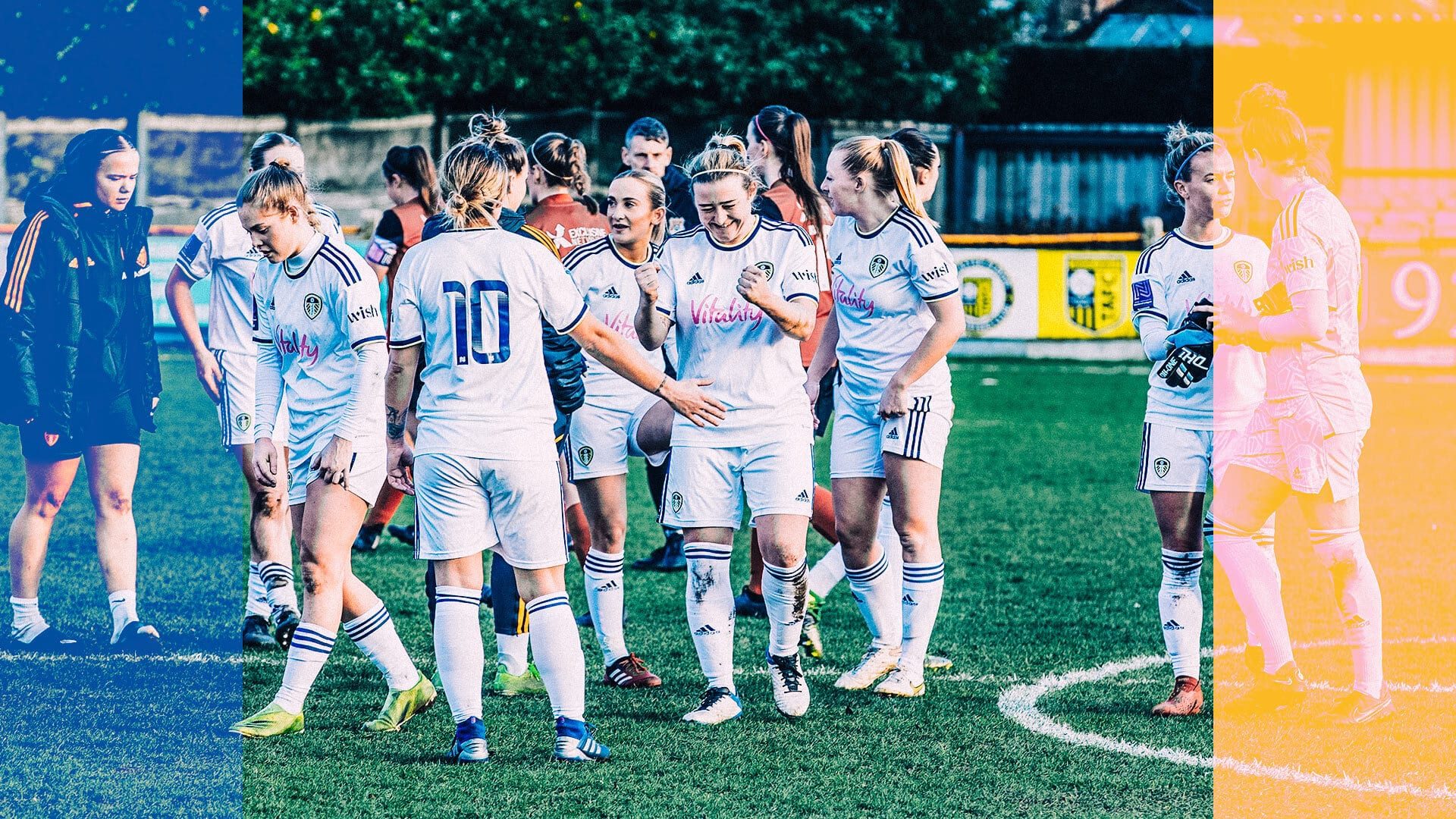 Leeds United Women players shown celebrating their Plate semi-final win over Southampton