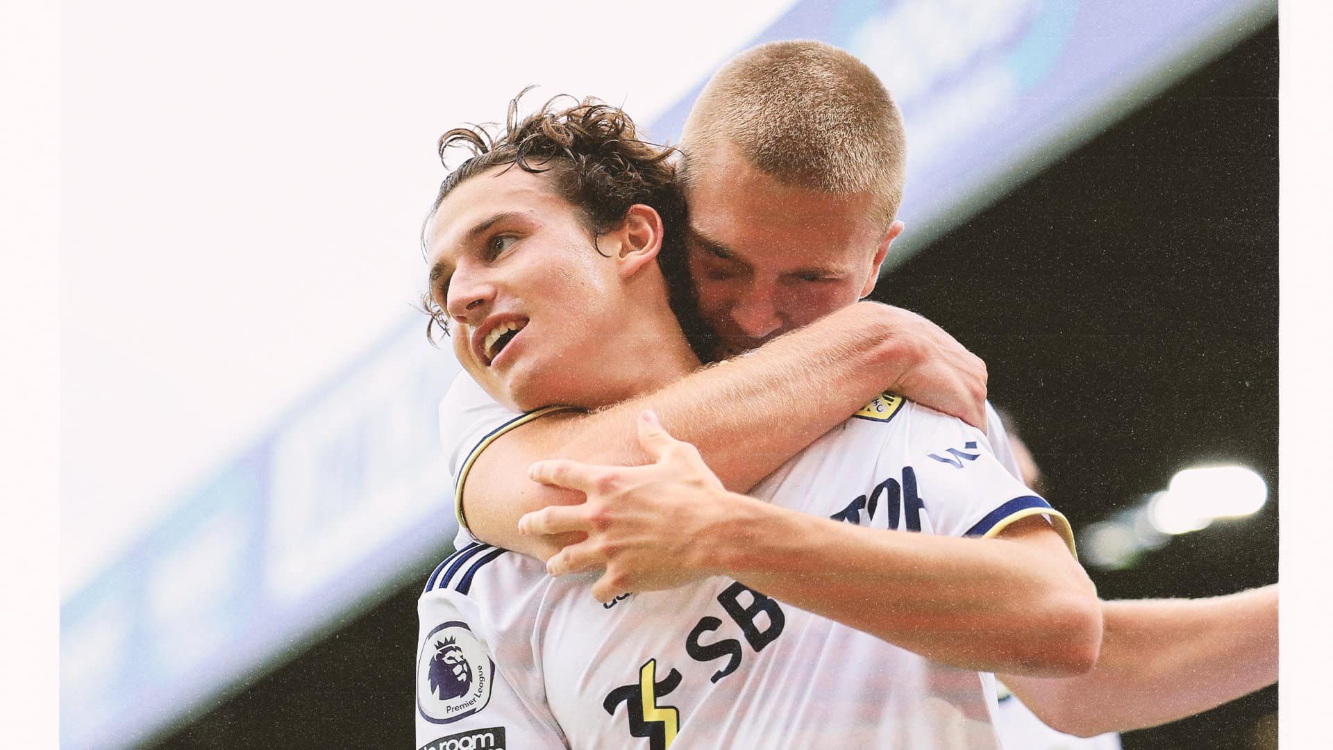 Brenden Aaronson and Rasmus Kristensen celebrate scoring against Wolves at Elland Road, a nice neck-clinch from Rasmus