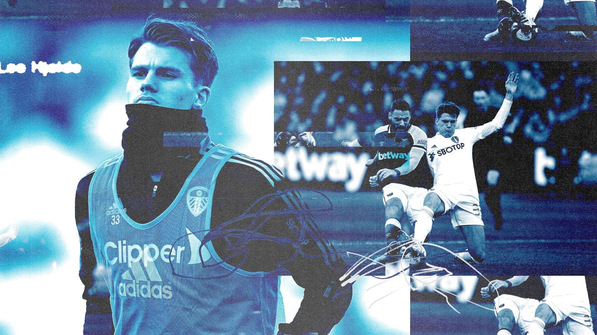 A collage of photos from Leo Hjelde's impressive LUFC debut at West Ham