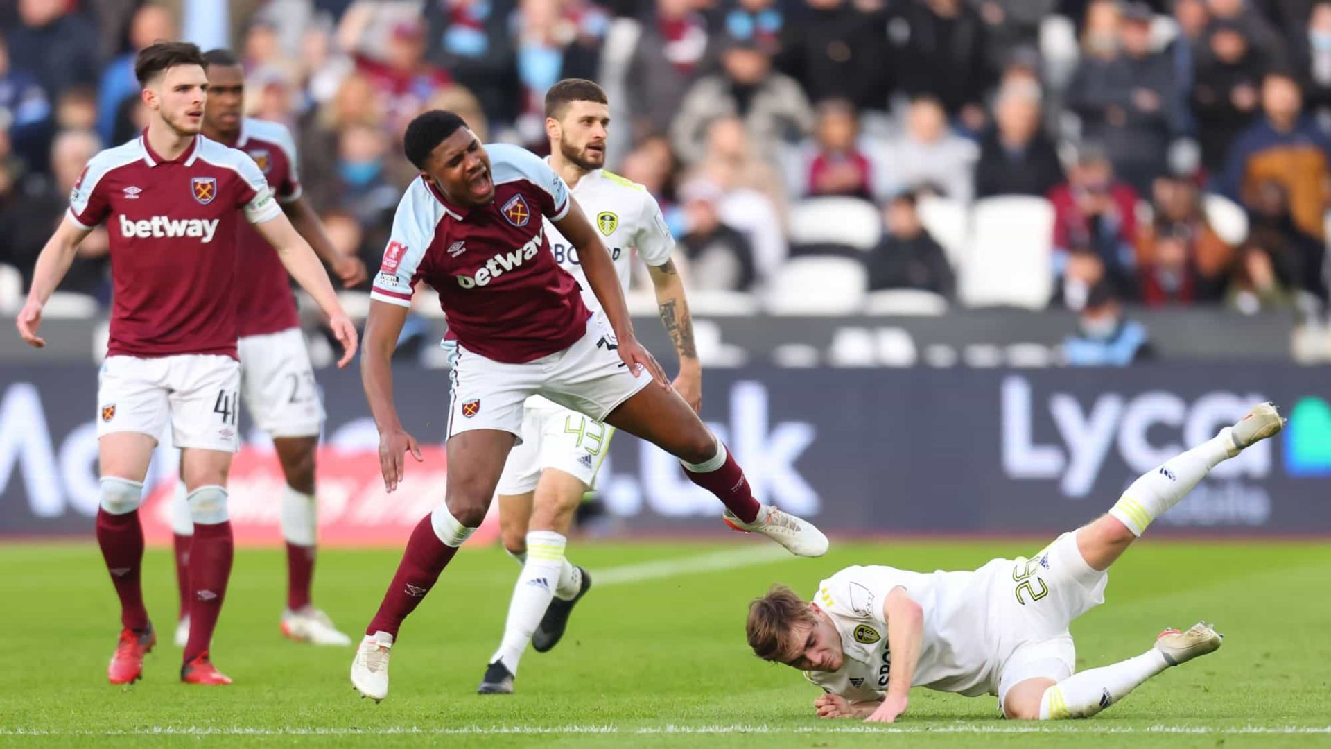 Lewis Bate makes a tackle at West Ham (in the first half, for any London journos wondering)
