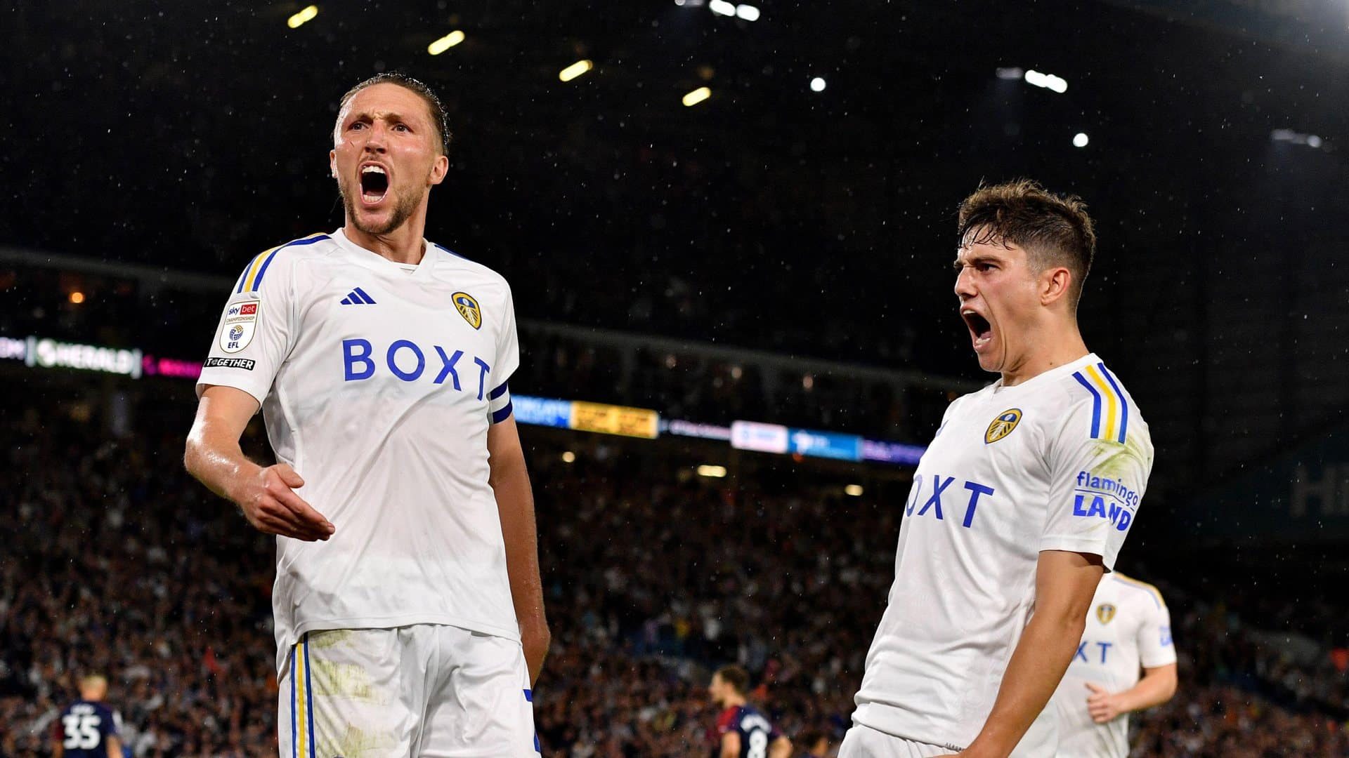 Luke Ayling and Dan James after they made Leeds' equaliser against West Brom, standing in front of the Kop and yelling very sternly