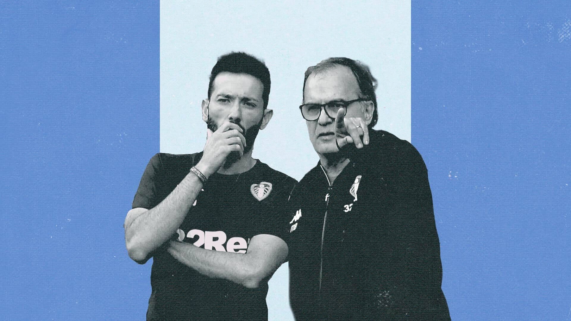 Carlos Corberan, with Marcelo Bielsa, who is pointing at a nearby kennel