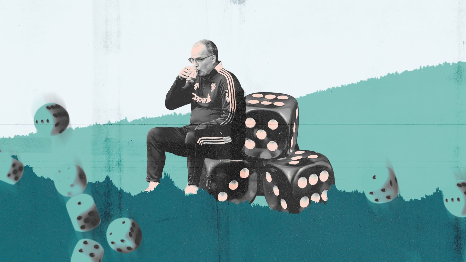 Marcelo Bielsa is sitting down and sipping coffee, only he's sitting on some massive dice (die?) instead of his bucket