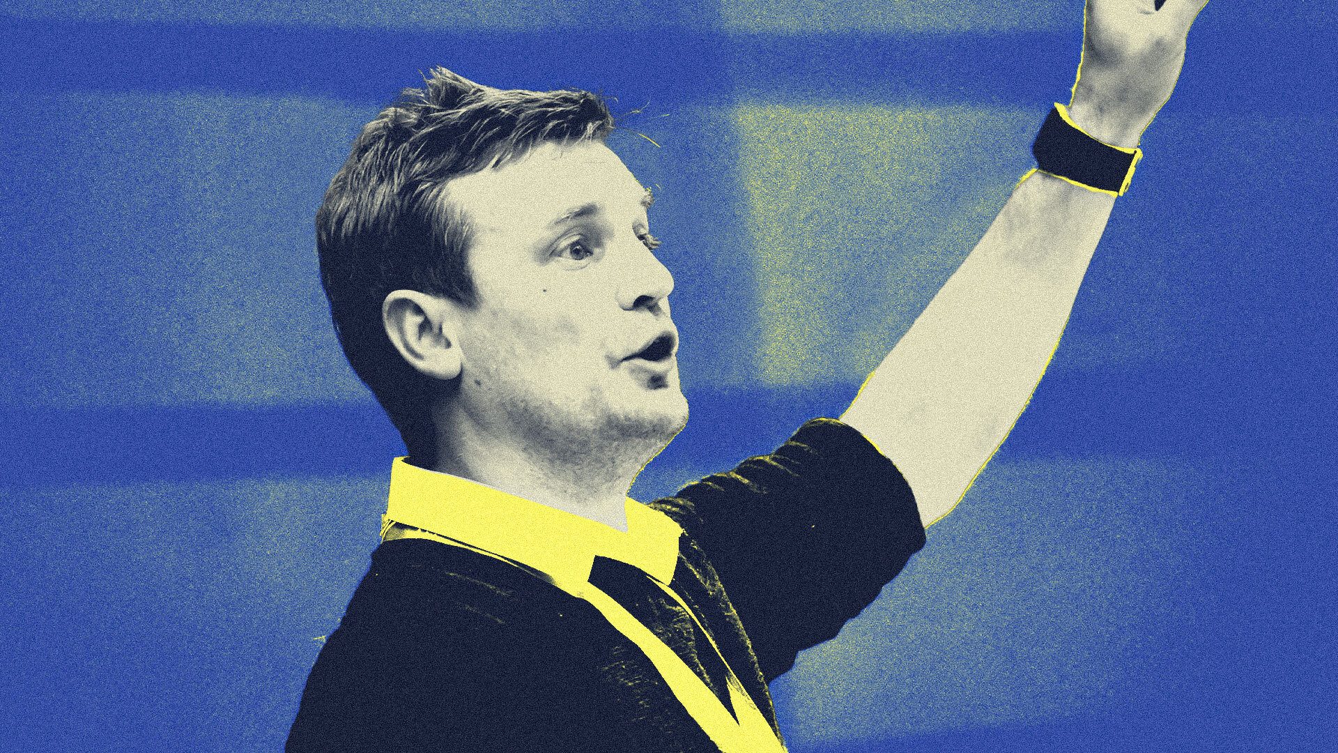 Michael Skubala pictured with one hand in the air, doing some coaching for England Futsal. The picture has been colourised with yellow and blue because those are Leeds colours innit, and it was a bit of a boring photo without that and there aren't many of him out there to choose from