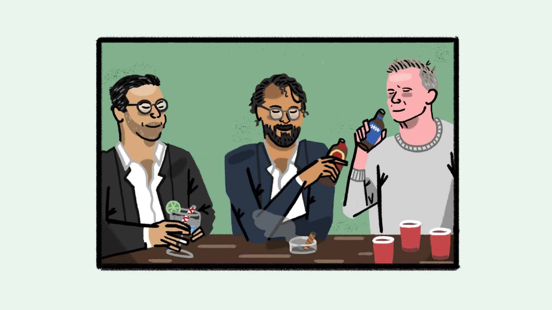 An illustration of Andrea Radrizzani drinking gin and slimline tonic, Victor Orta having a beer with an ashtray in front of him, and Jesse Marsch on a bottle of Bud Light with beer pong cups in front of him. Angus Kinnear has already gone home