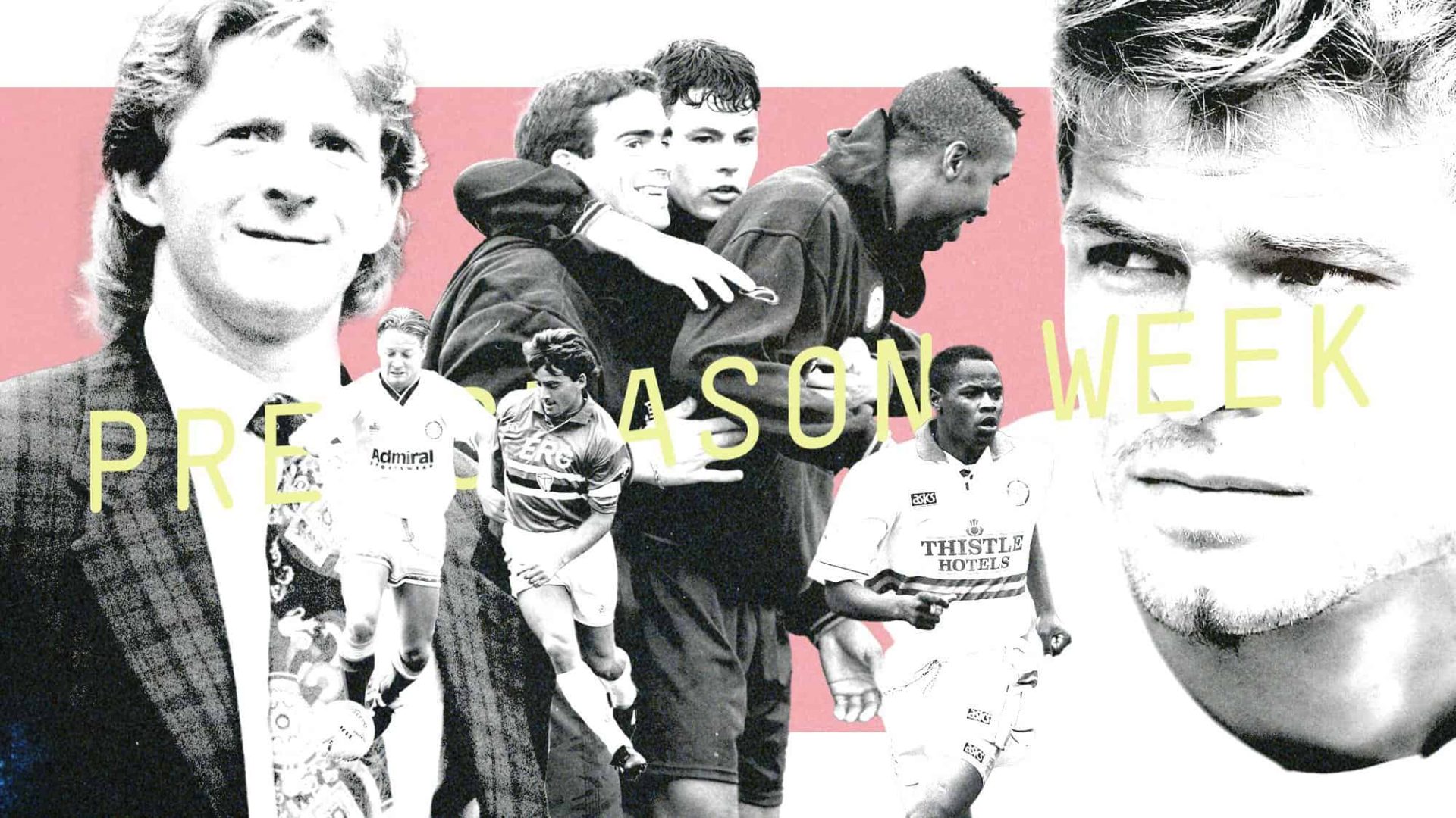 A collage of Leeds players including Strachan, Batty, Masinga, Harte and Beckham — not that one
