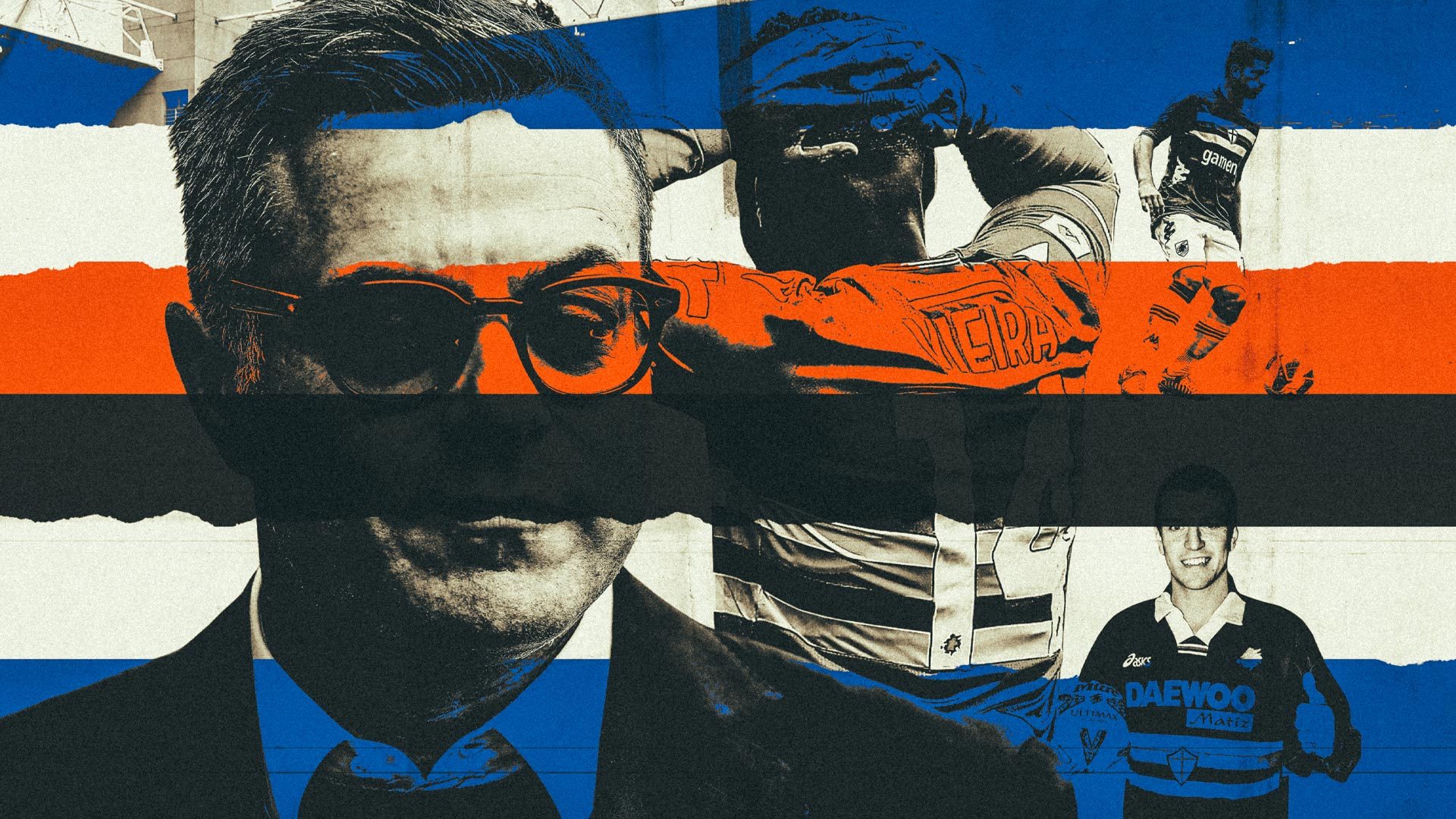 Andrea Radrizzani and Ronaldo Vieira (large pics) with Gaetano Berardi and Lee Sharpe in the background, all against the backdrop of the famous "blucerchiati", the colours of Sampdoria.