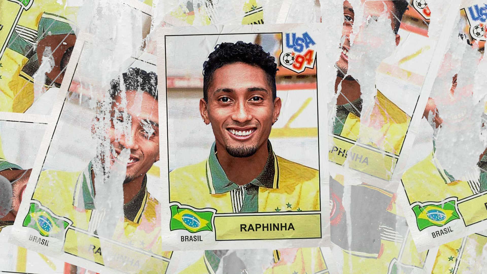 We've put Raphinha's head into a USA '94 sticker of a Brazil player cos it's cool