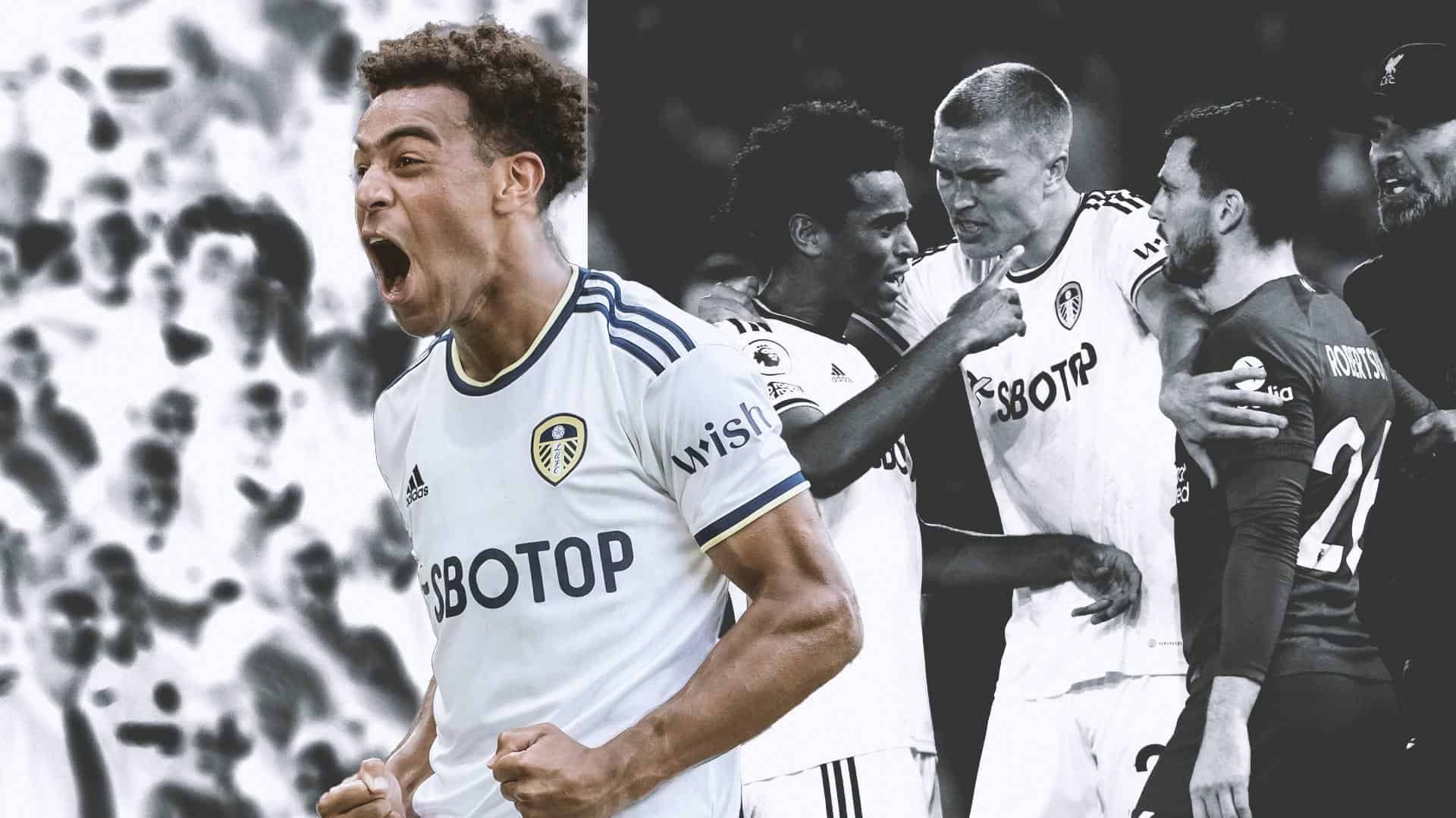 A collage of Leeds fans celebrating at Liverpool, Tyler Adams squaring up to Andy Robertson, and Adams celebrating