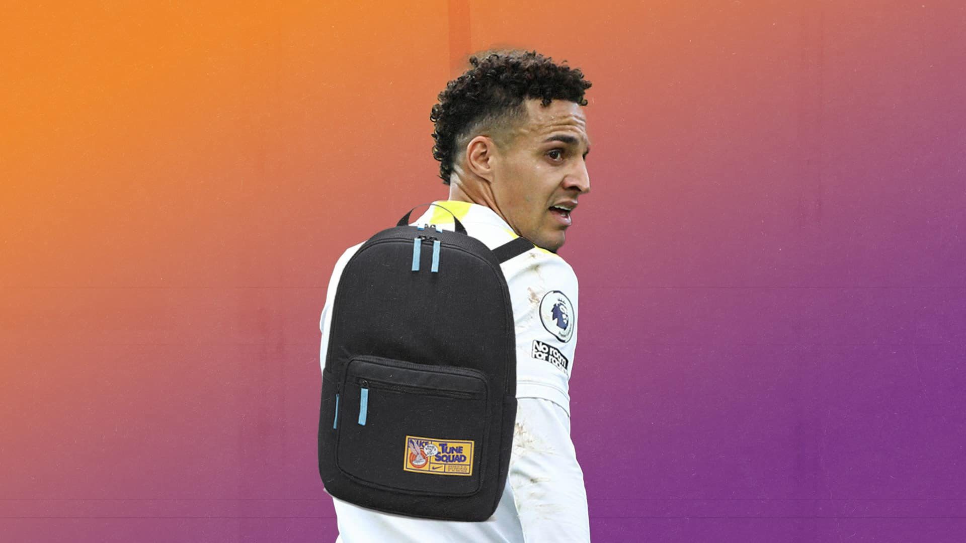 It's a picture of Rodrigo from a match with a Space Jam backpack pasted on his back. It's not the best use of Photoshop ever but it is what it is