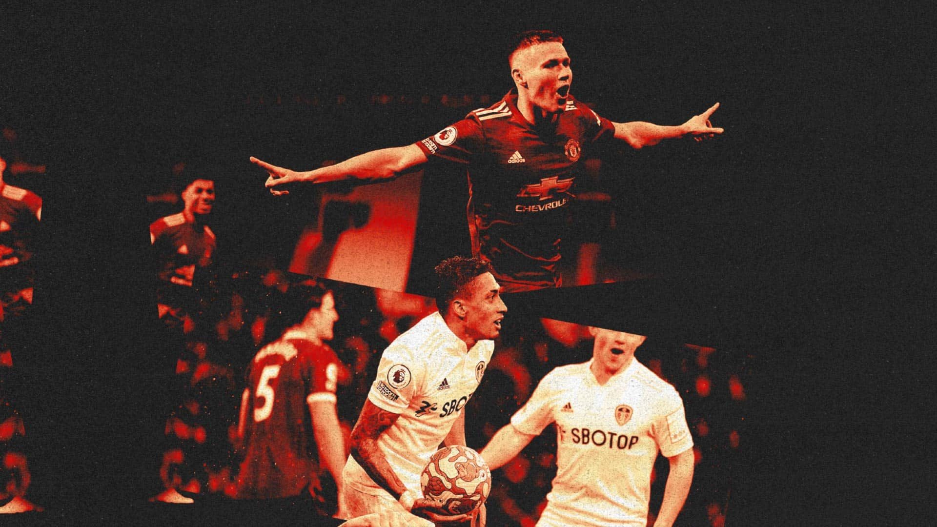 A collage of contrasting Leeds emotions against Scum — Scott McTominay's awful face, and Raphinha grabbing the ball after equalising at Elland Road