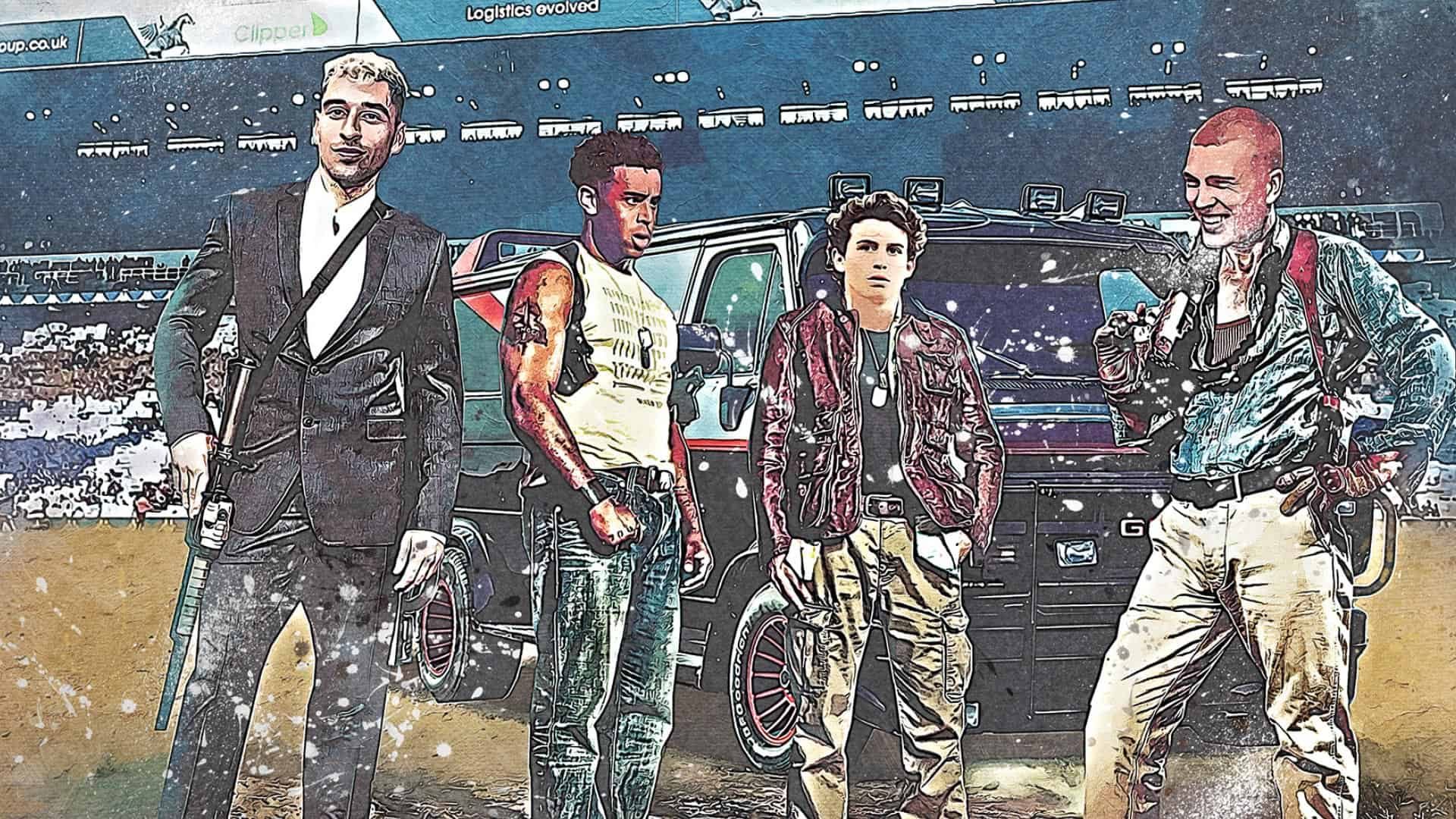 An illustration of our new gang of SOBs looking like characters from a Grand Theft Auto game, Marc Roca, Tyler Adams, Brenden Aaronson, and Rasmus Kristensen, on the pitch at Elland Road with their getaway car behind them, strapped up with firearms, except Brenden, because he's too innocent for that kind of thing