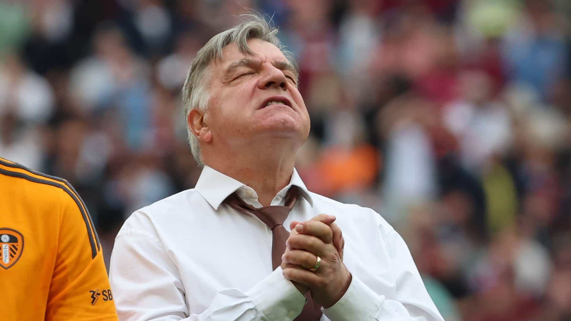 Sam Allardyce after Leeds vs West Ham, miming praying in front of the fans