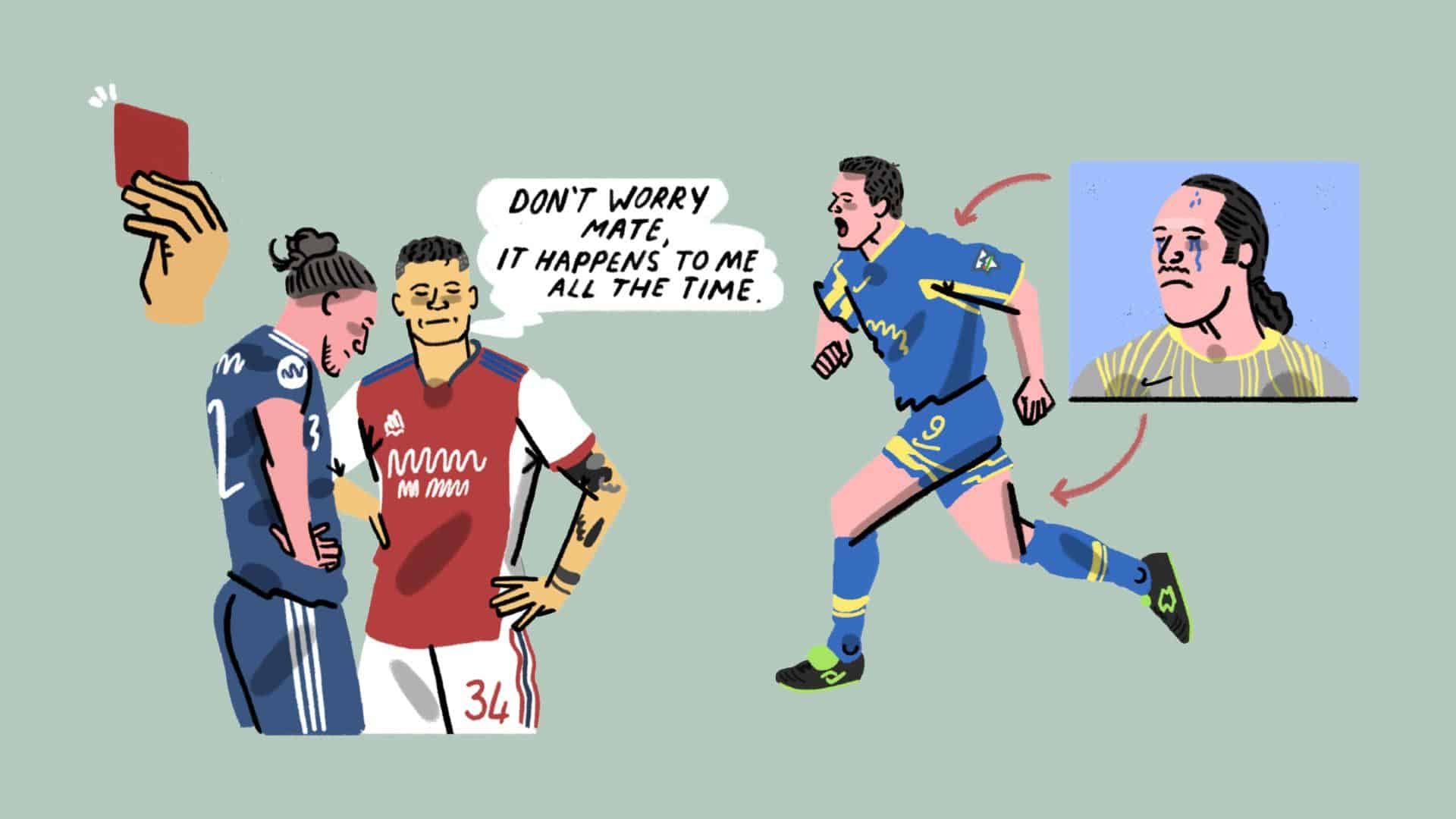 An illustration of Mark Viduka celebrating at Highbury while David Seaman cries, and Granit Xhaka telling Luke Ayling, "Don't worry mate, it happens to me all the time," with a red card hanging over them