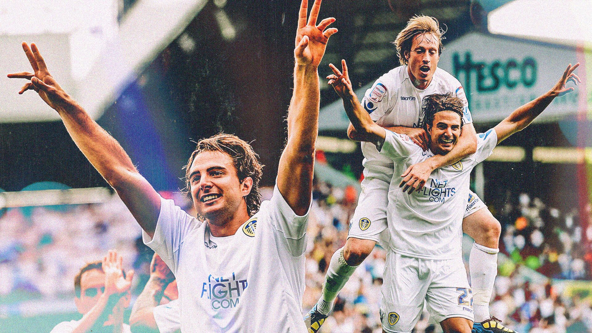 Two photos side by side of David Somma celebrating scoring for Leeds, with his arm in the air on the left, and with Luciano Becchio on his back on the right. Somma looks sickeningly handsome